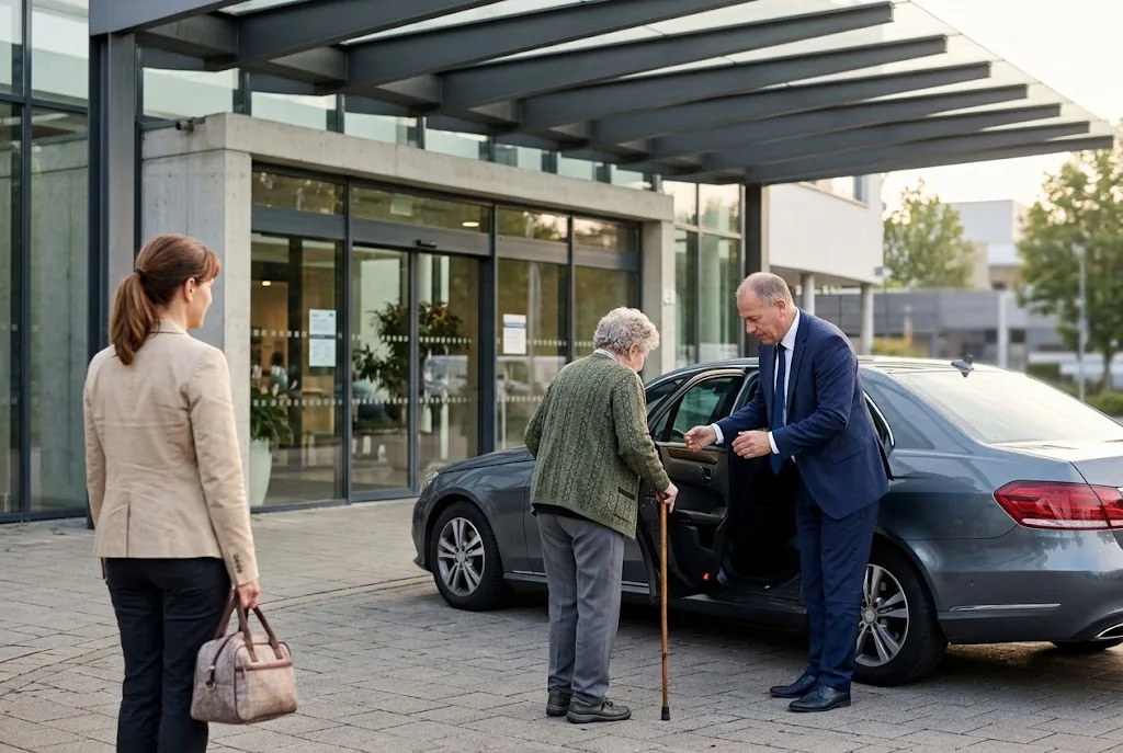 Chauffeur aidant une patiente âgée à descendre de voiture devant l'entrée d'un hôpital