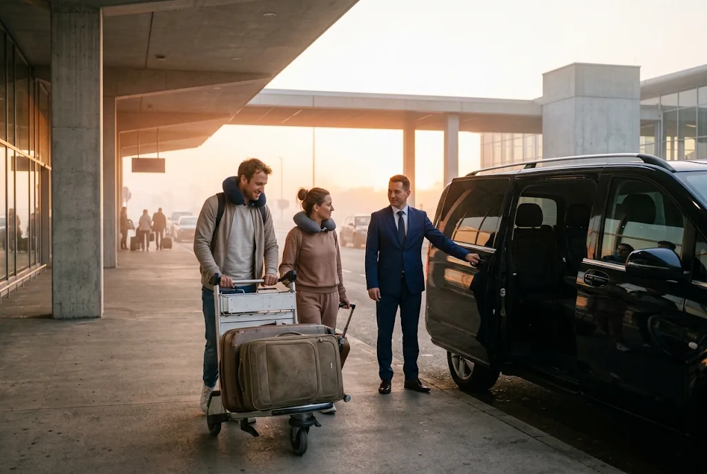 Couple arrivé d'un vol de nuit accueilli par son chauffeur devant un van, à la sortie d'un terminal de Roissy au lever du soleil